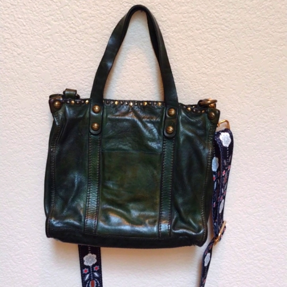 Campomaggi Vintage Teodorano Green Leather Studded Stud Crossbody Bag Purse Tote